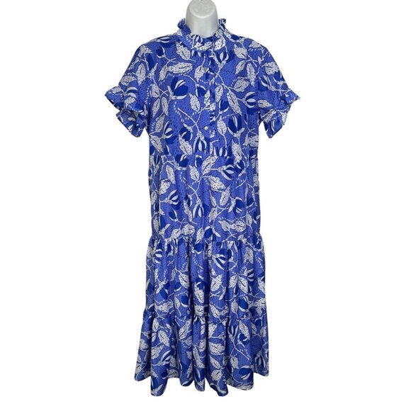 J Marie Cassidy Ruffle Sleeve Midi Dress Tiered Tropical Floral Blue Large - Picture 1 of 12
